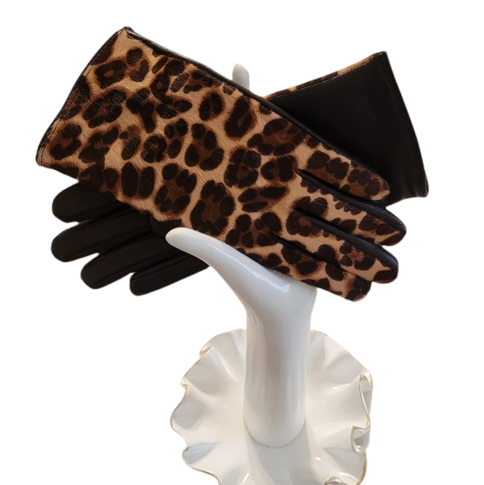 J McLaughlin Camilla Leather Leopard Gloves Size Medium New With Tag - Picture 2 of 14